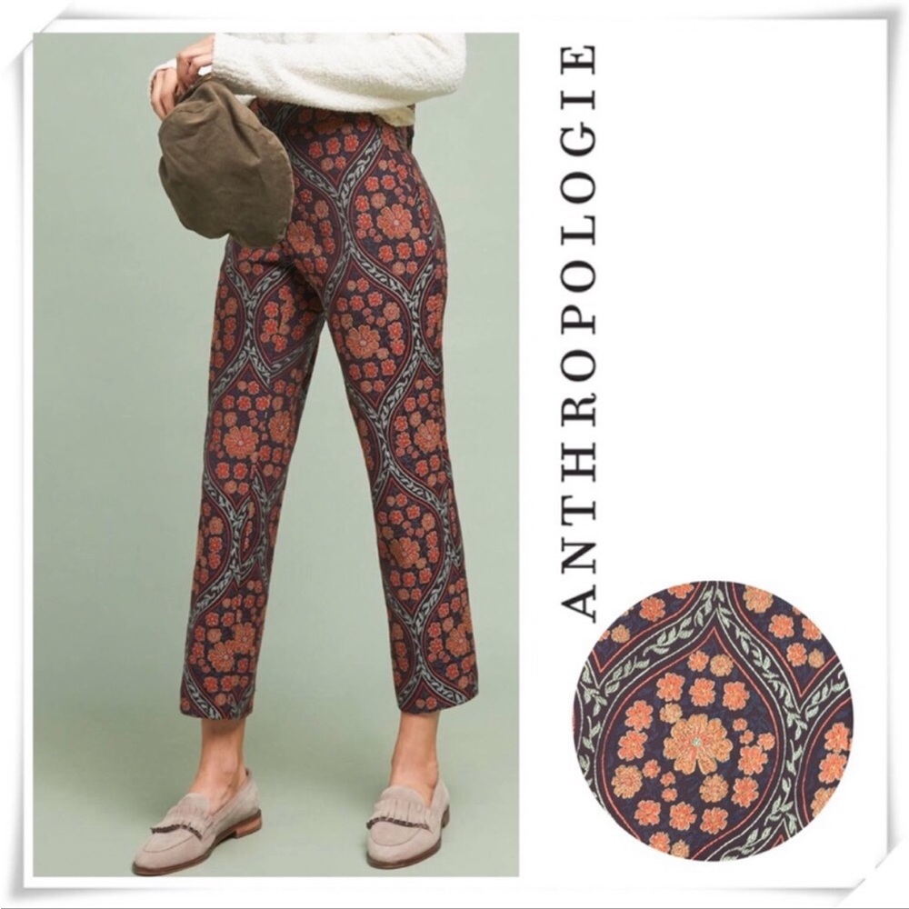 Essential Slim by Anthropologie Orange and Plum Floral Pattern Pants Siz…